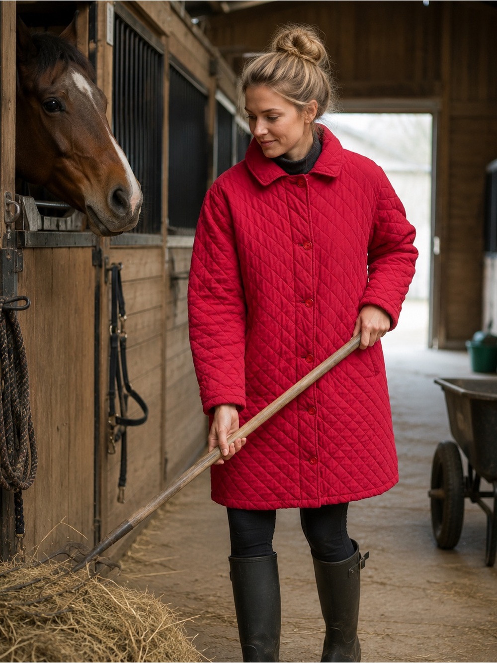 LL Bean Womens Sz L Red Quilted Riding Jacket Mid-Length Coat